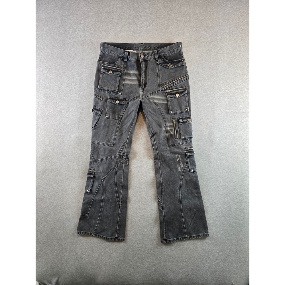 Insain Worldwide Cargo Jeans Mens L 34W Washed Black Streetwear Distressed Flare